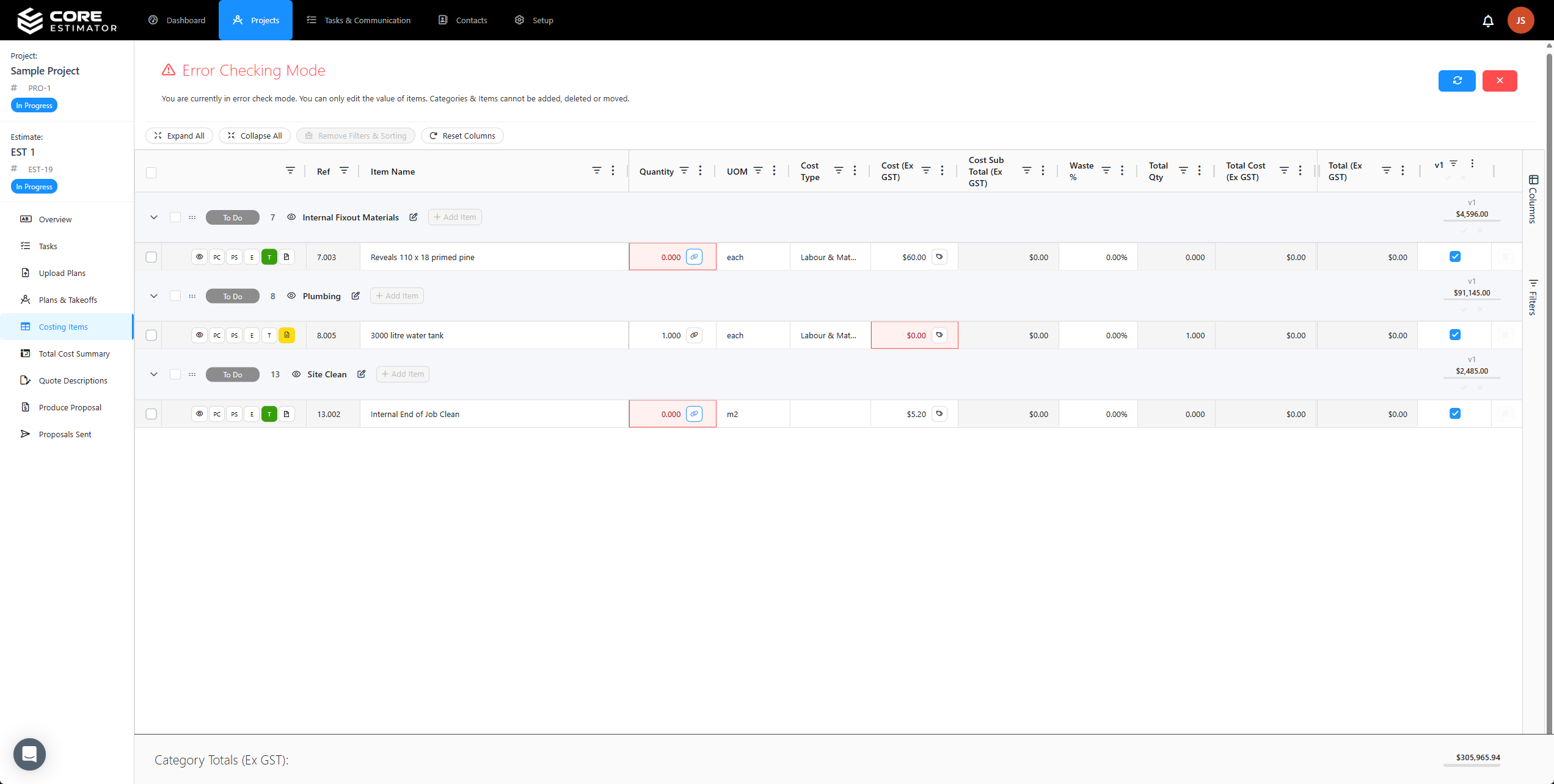 Core Estimator error checking highlighting missing costs in red on an estimate
