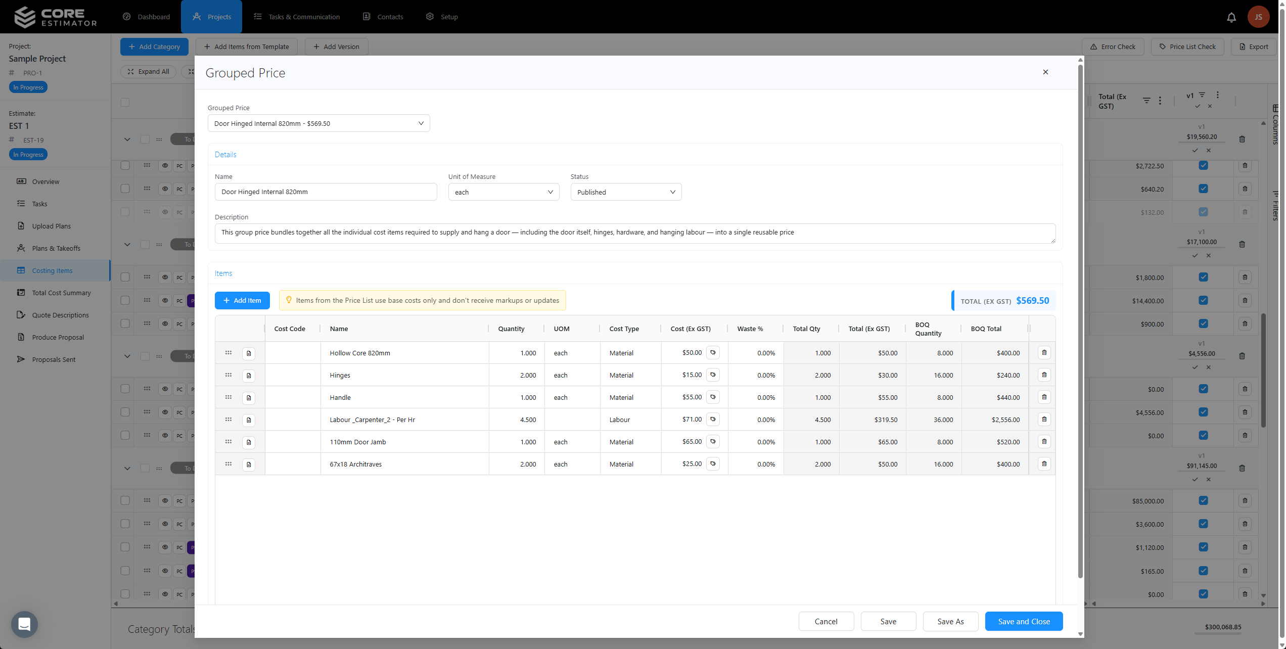 Core Estimator assembly showing grouped price items for a concrete slab