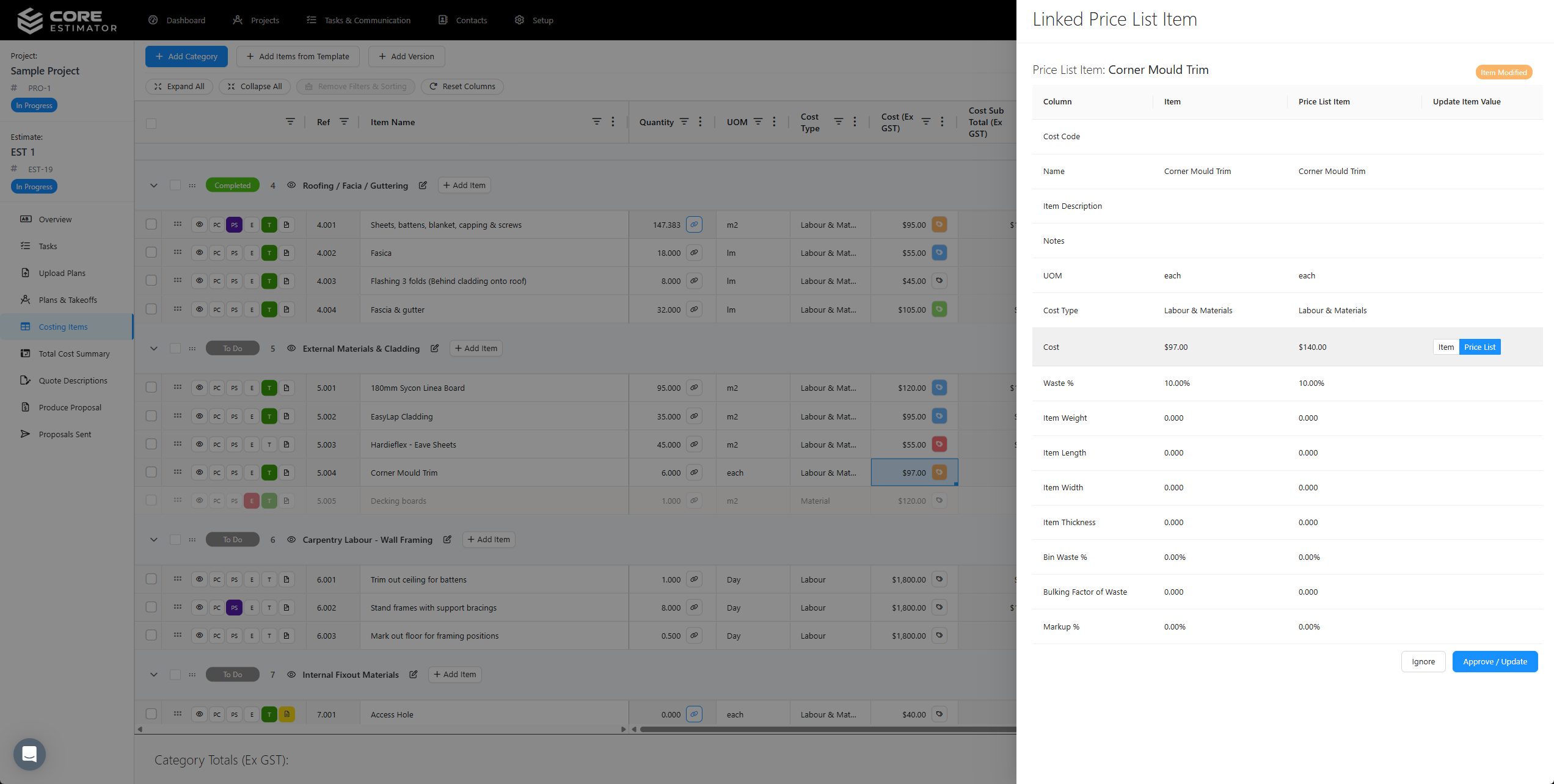 Core Estimator price list management with rates and supplier pricing