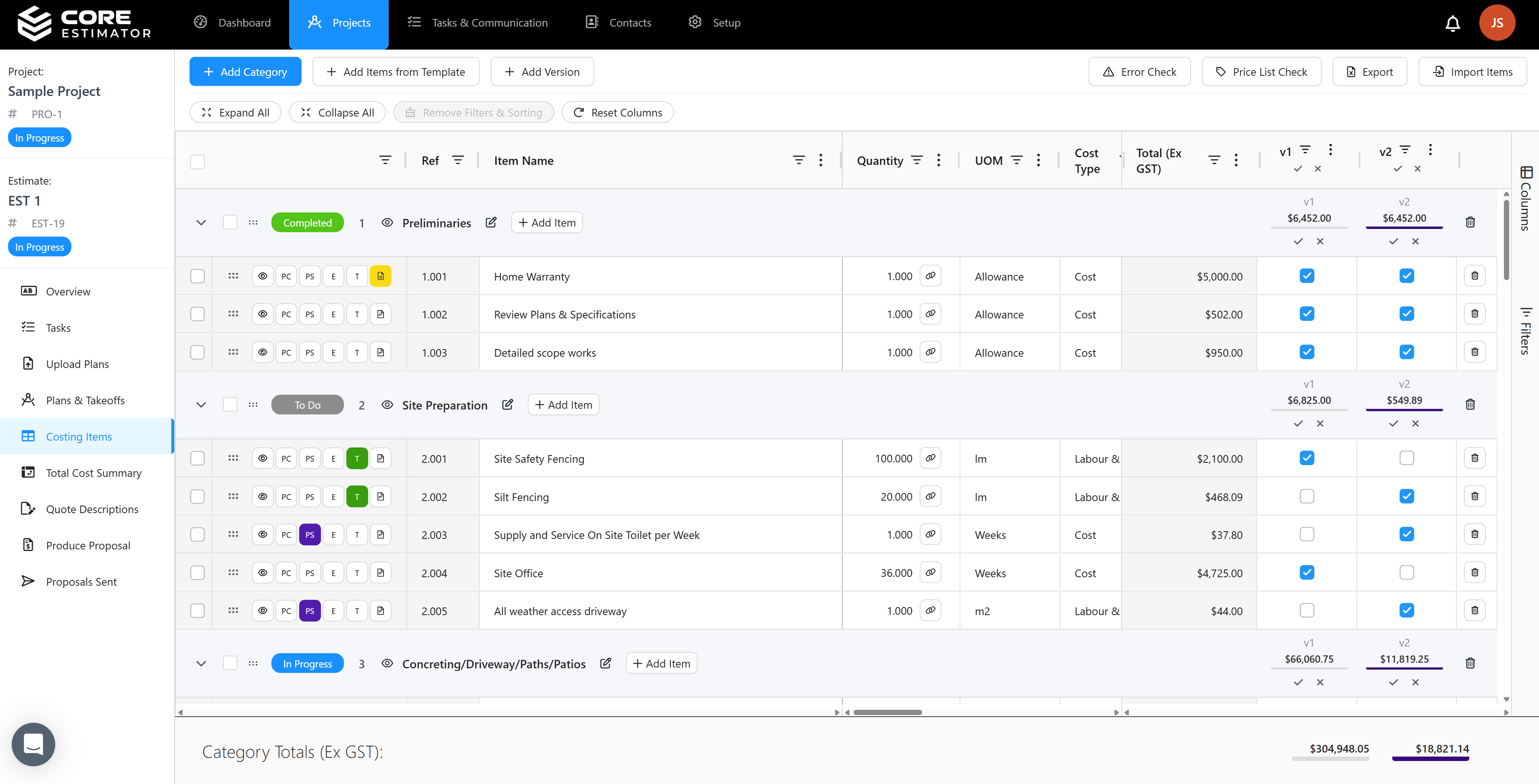 Core Estimator estimate versions showing different pricing options side by side