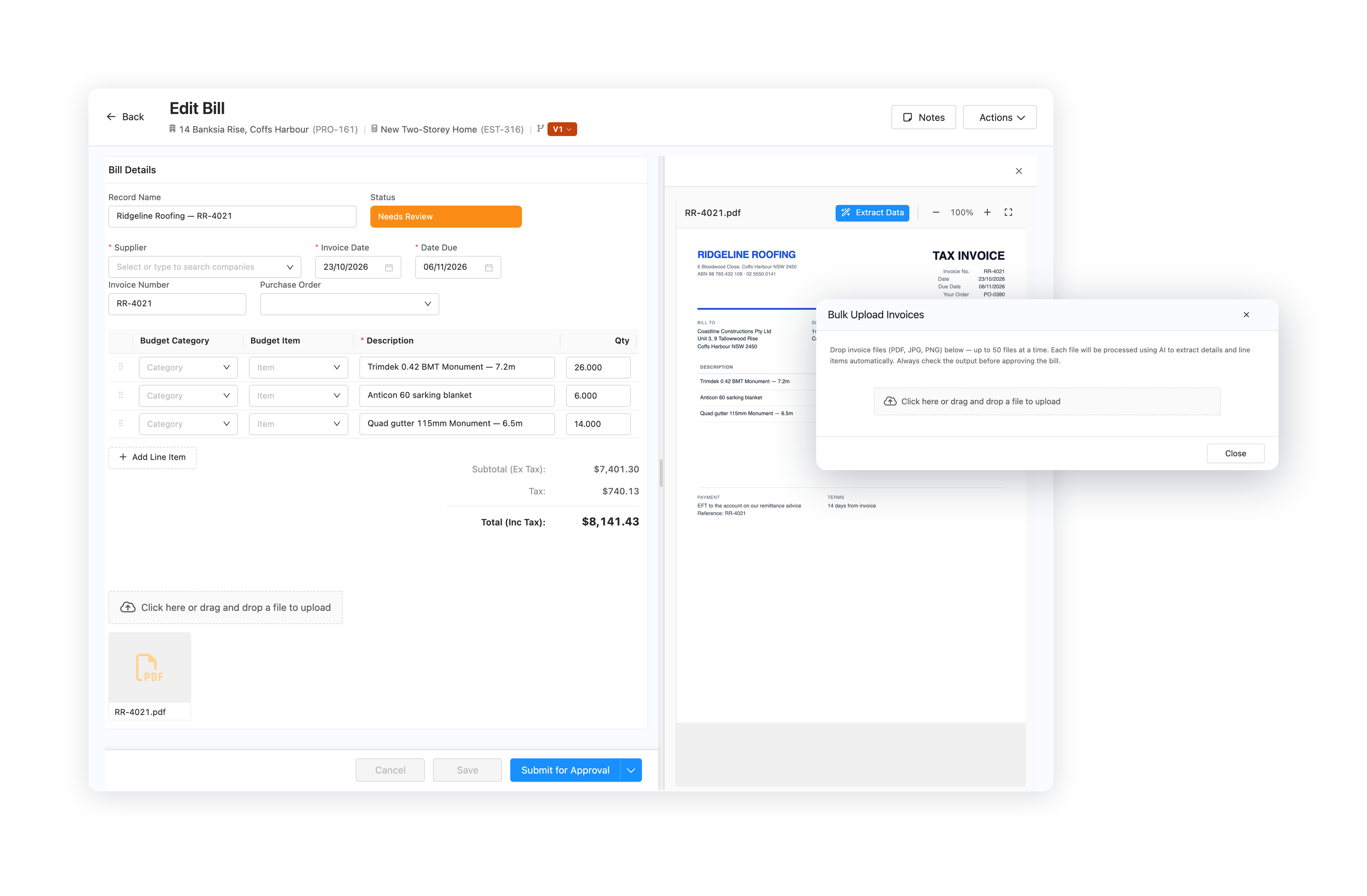 Core Estimator bill filled in by AI from an uploaded supplier invoice