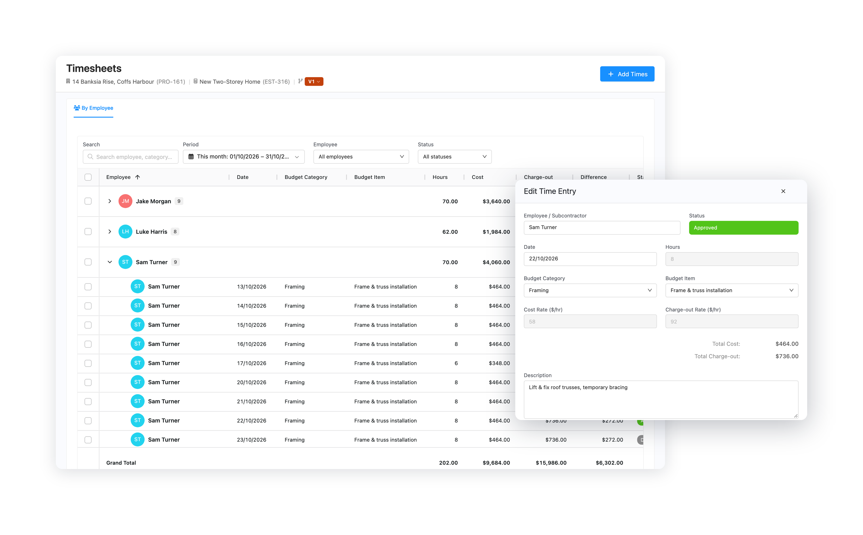 Core Estimator timesheets grouped by employee with hours, cost and charge-out
