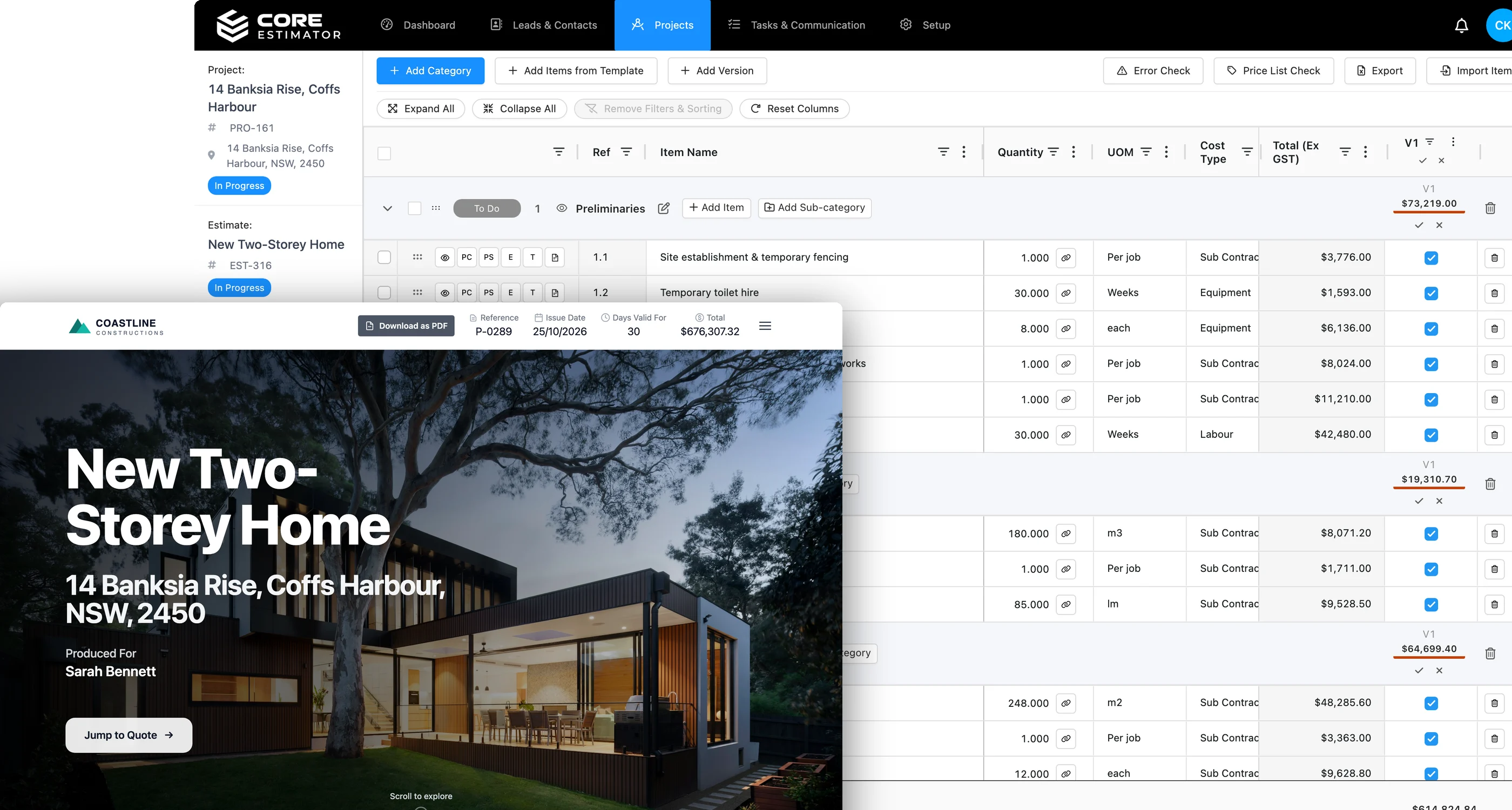 A Core Estimator estimate, and the branded web proposal the client receives