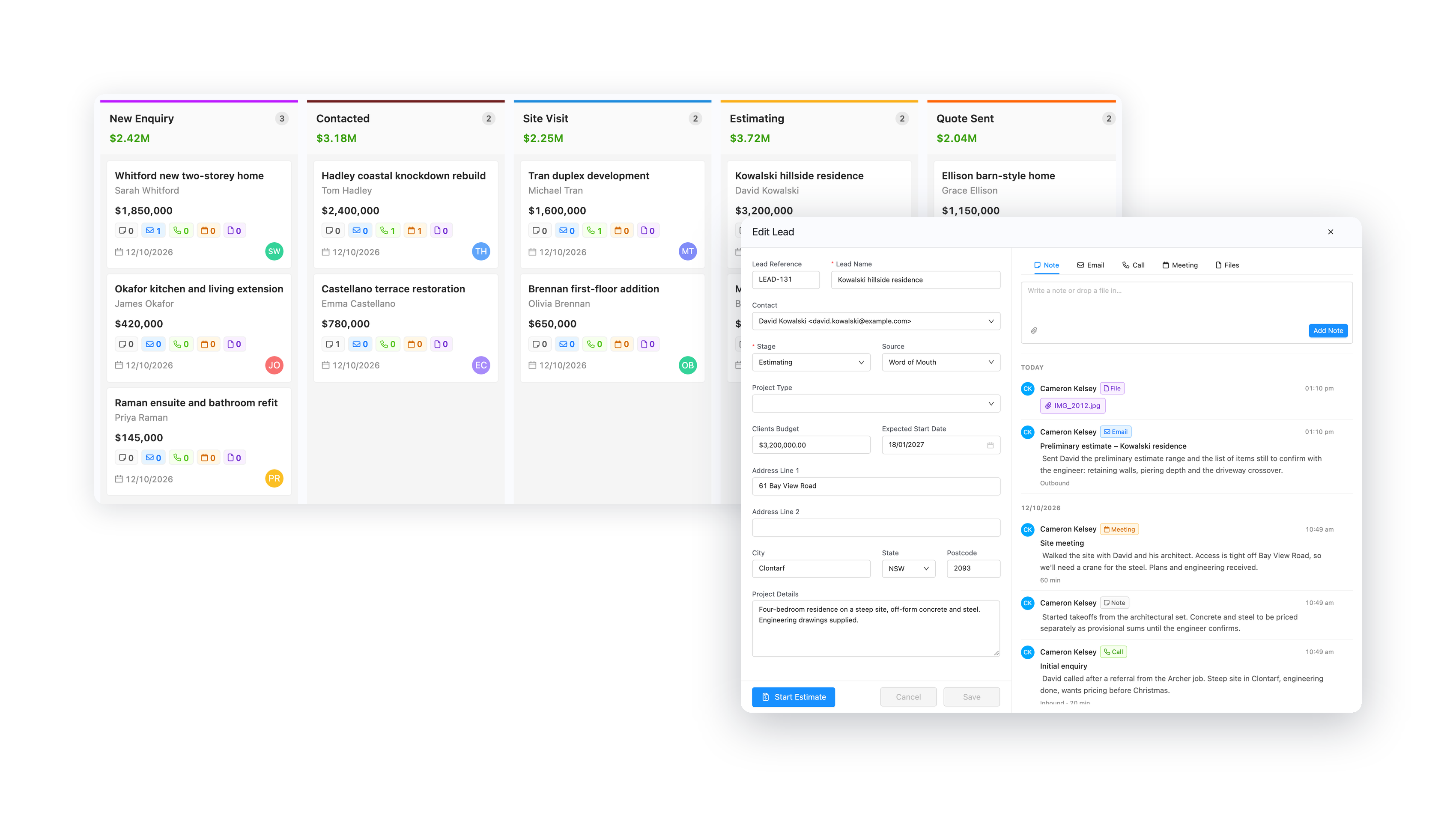 Core Estimator leads pipeline board with an open lead showing its calls, emails, notes and files
