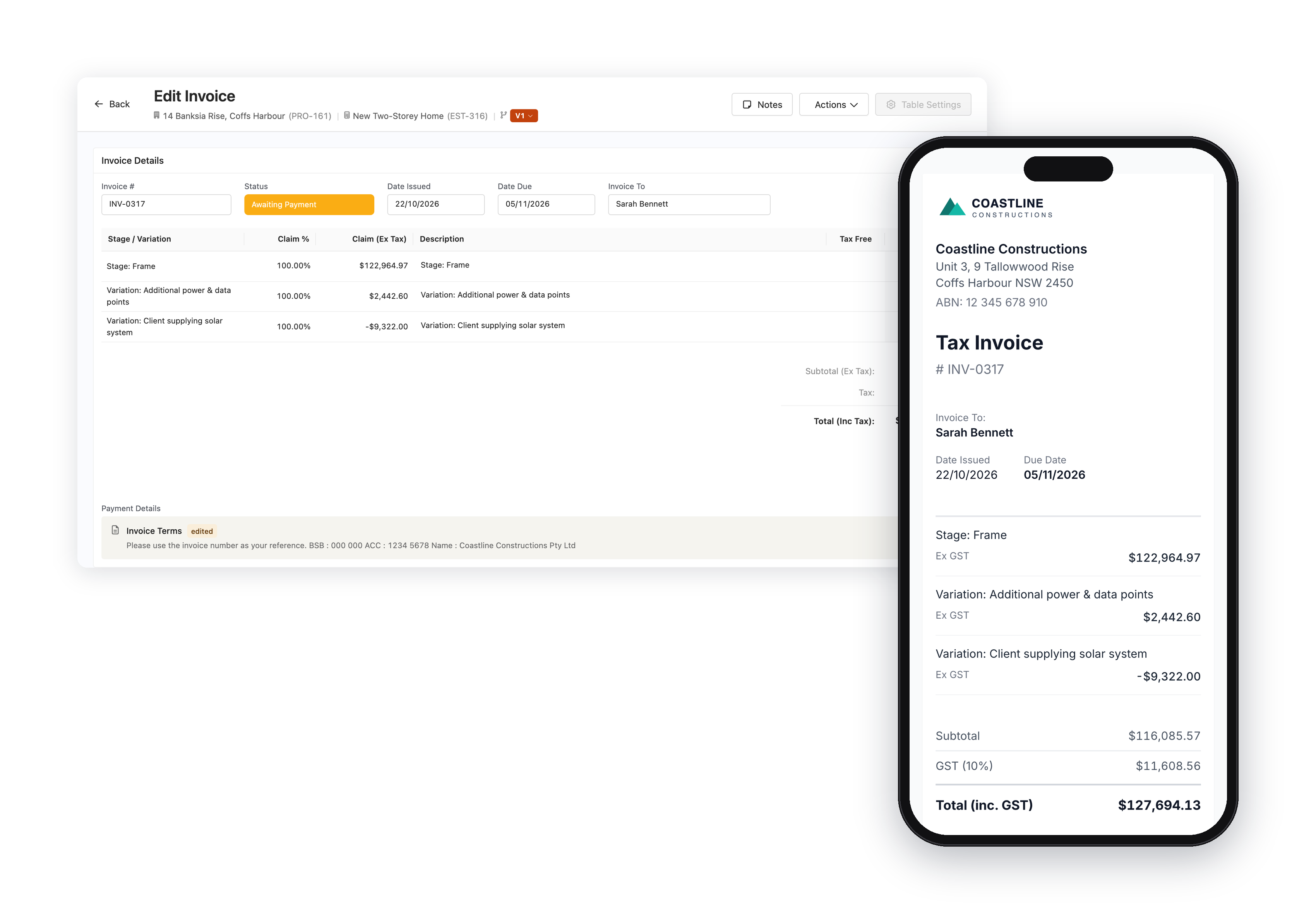 A progress claim in Core Estimator beside the same tax invoice on the client's phone