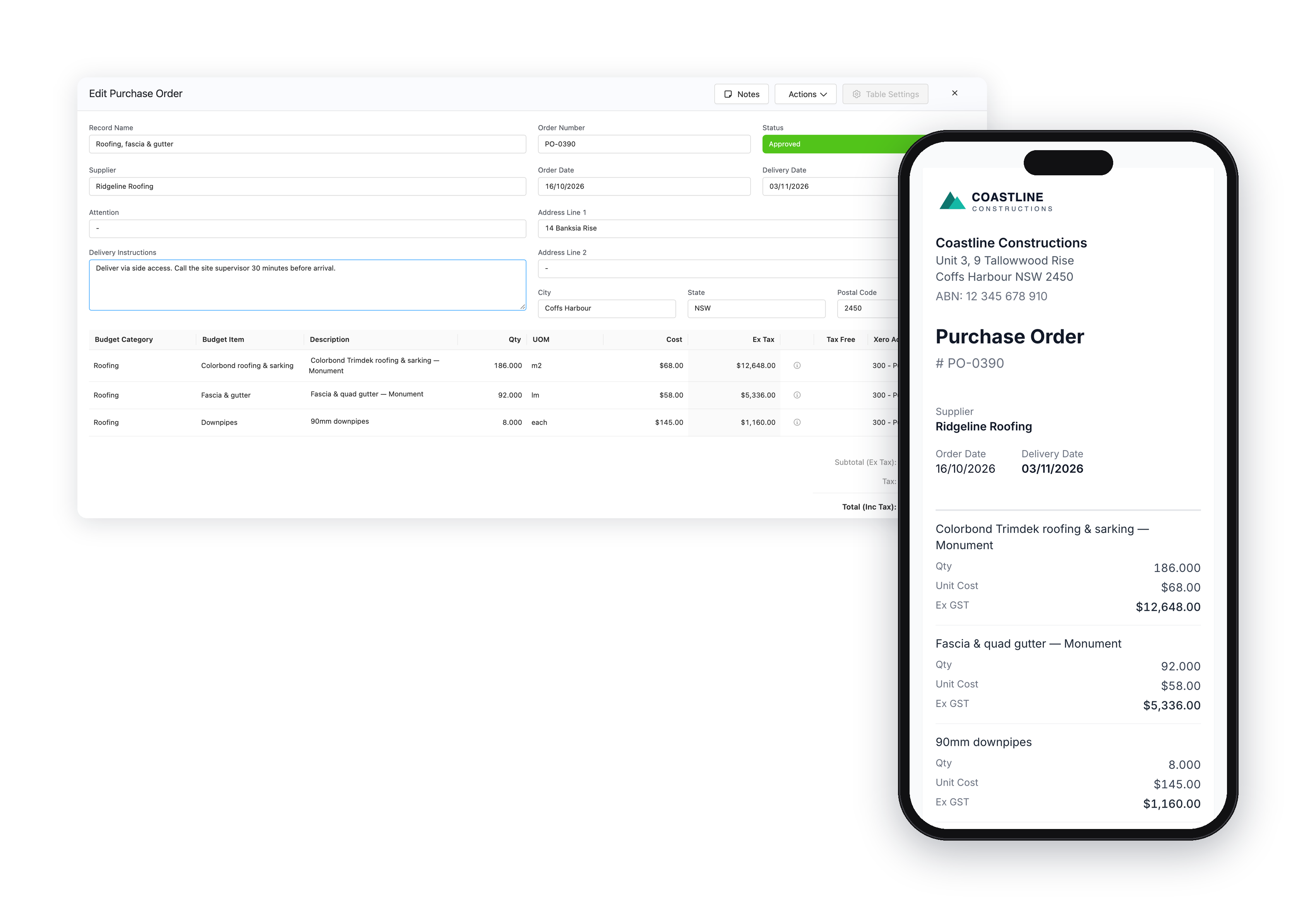 A purchase order in Core Estimator beside the same order on the supplier's phone