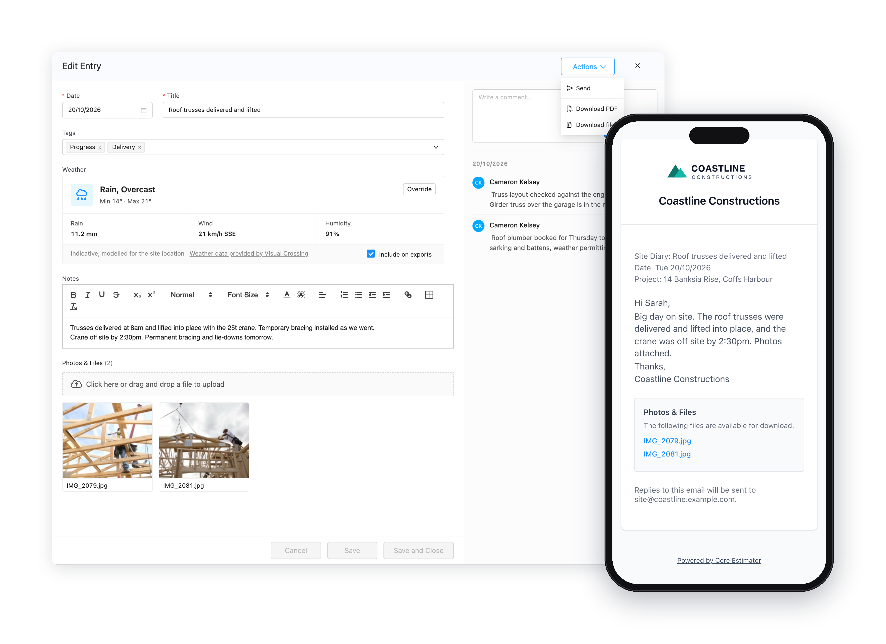 A site diary entry in Core Estimator beside the email the client receives on their phone