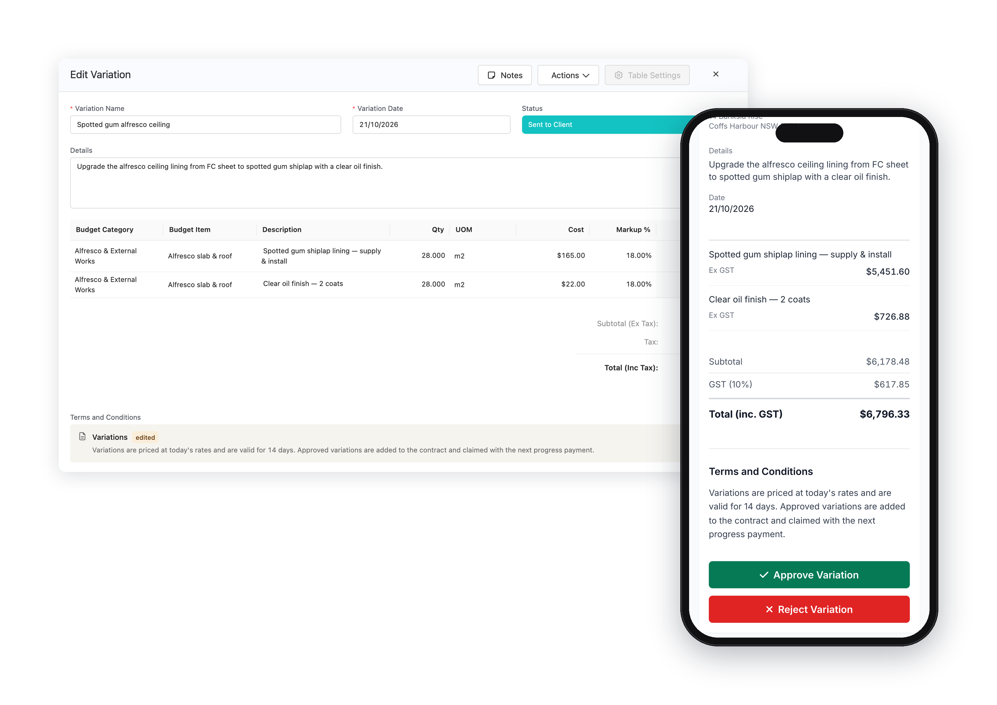A variation in Core Estimator beside the same variation on the client's phone with Approve and Reject buttons