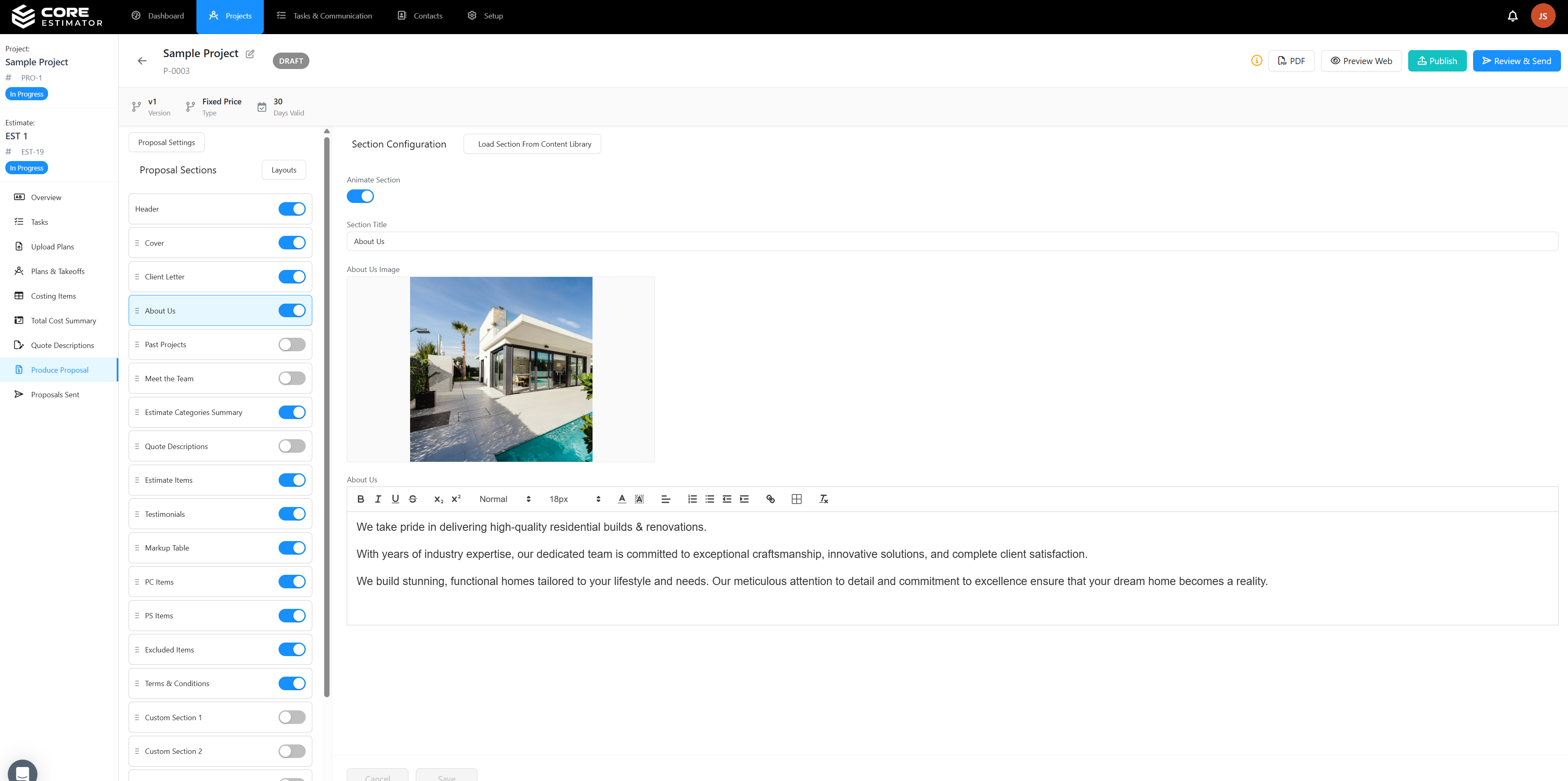 Core Estimator proposal customisation showing branding, colours, and layout options