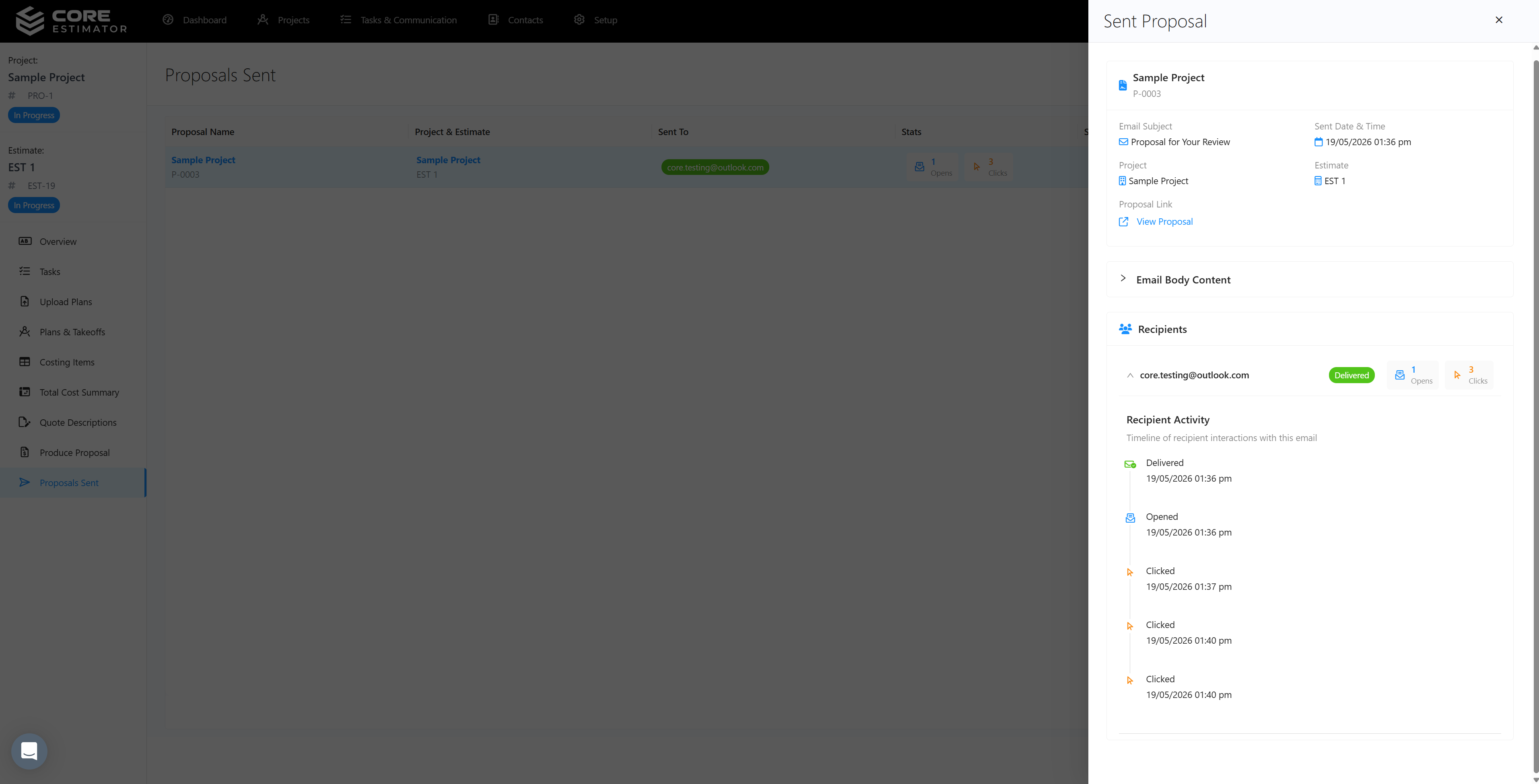 Core Estimator proposal send tracking analytics