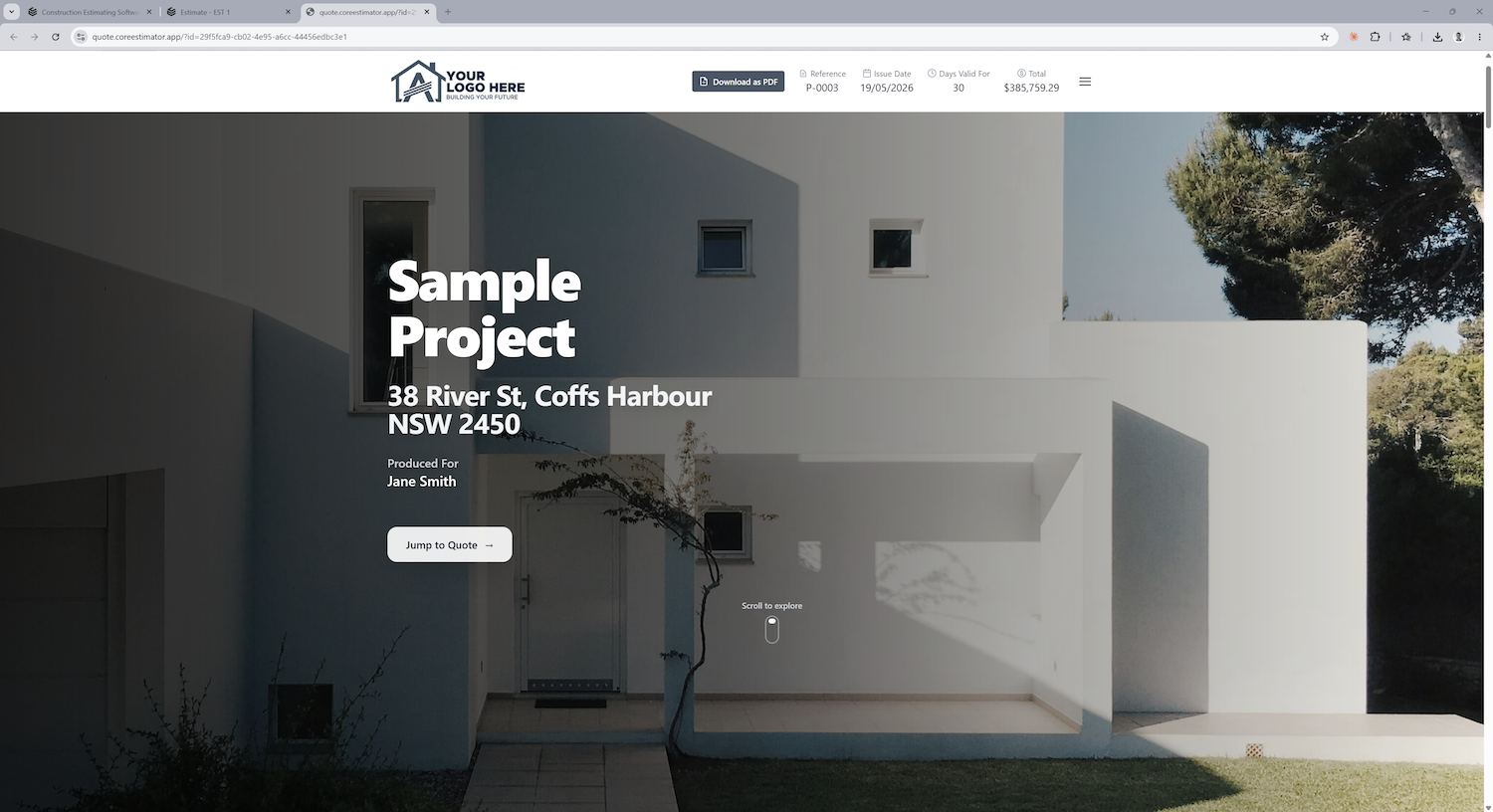 Core Estimator proposal builder showing web and PDF proposal outputs