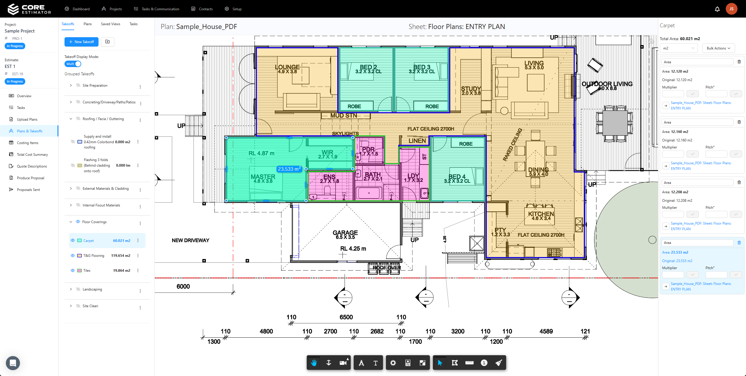 Core Estimator 2D takeoff measuring a roof area from architectural plans