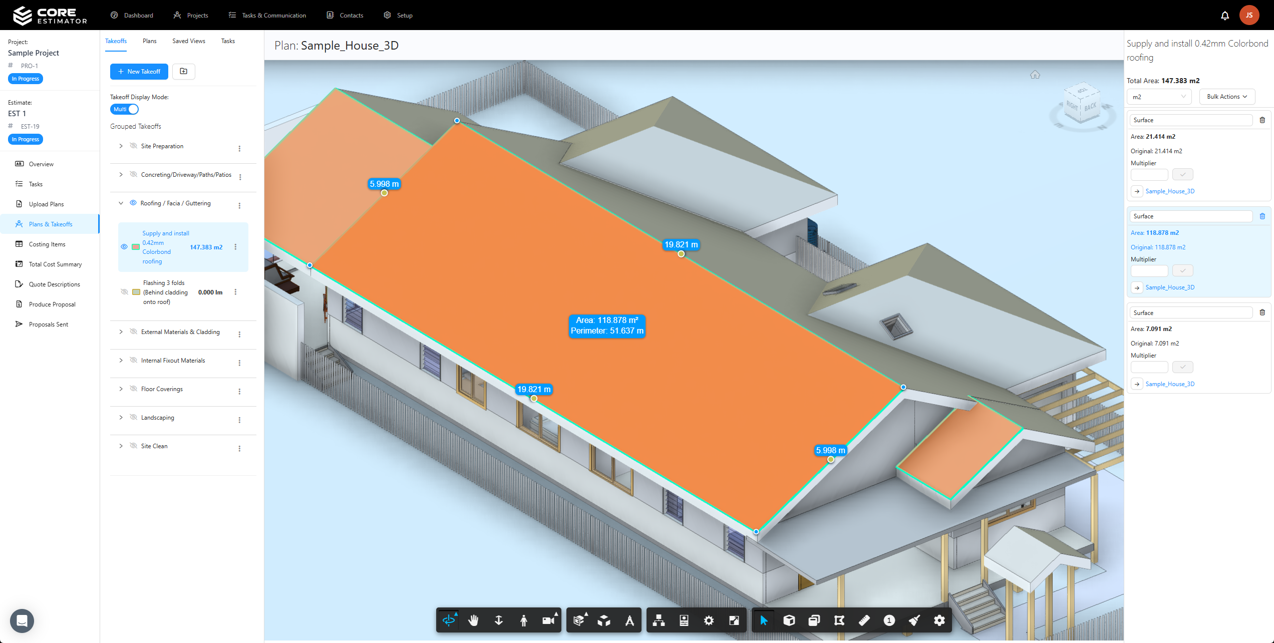 Core Estimator 3D takeoff measuring quantities from a BIM model