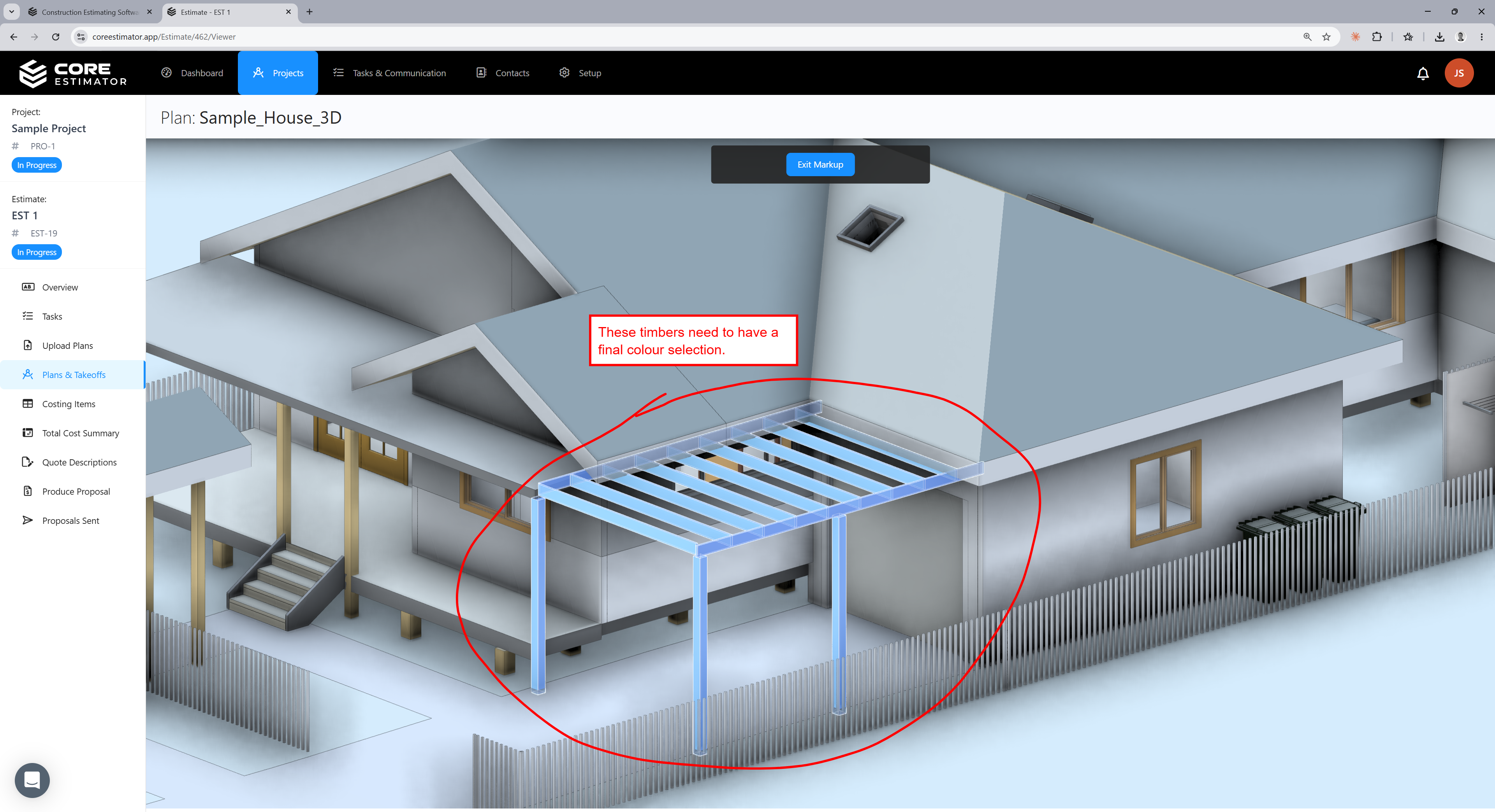 Core Estimator 2D and 3D markup tools showing annotations on construction plans