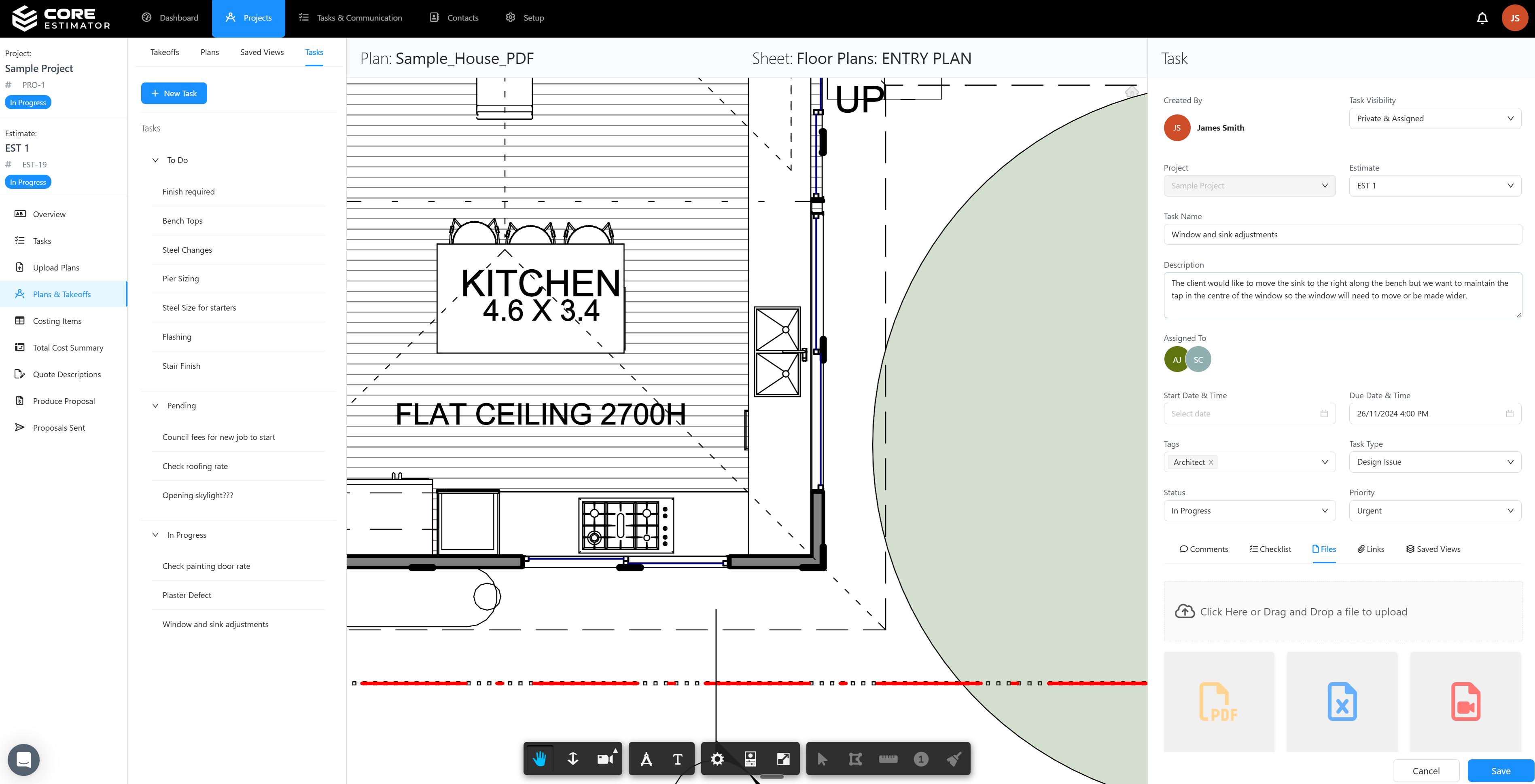 Core Estimator file attachments on a construction task with upload interface