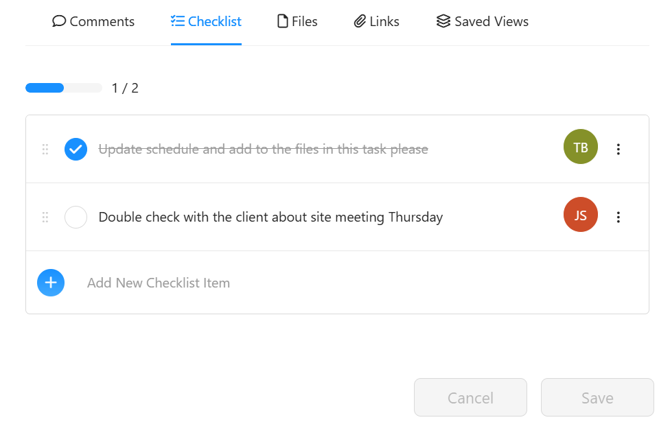 Core Estimator checklist feature showing task breakdown with assigned team members