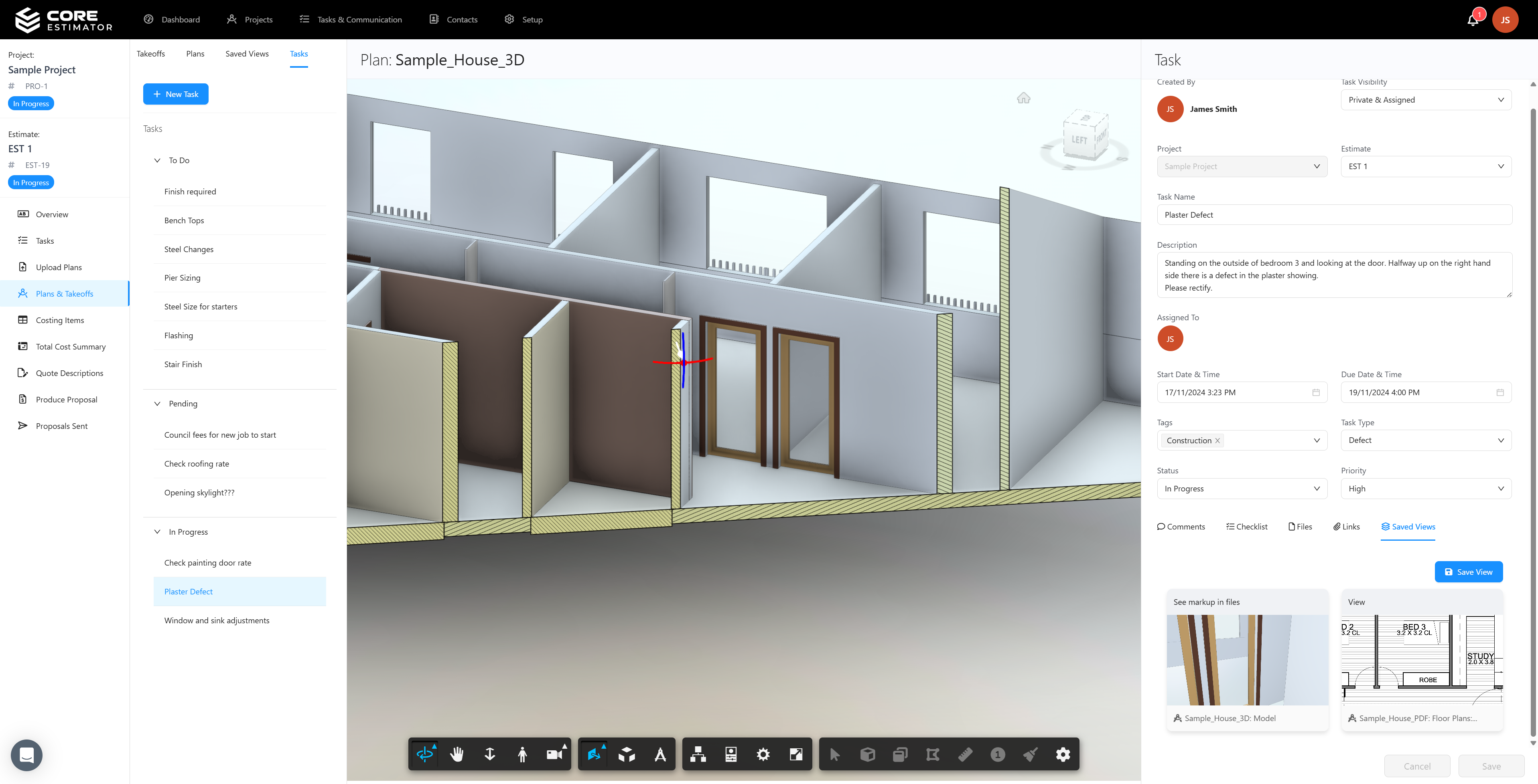 Core Estimator defect tracking on construction plans with status indicators