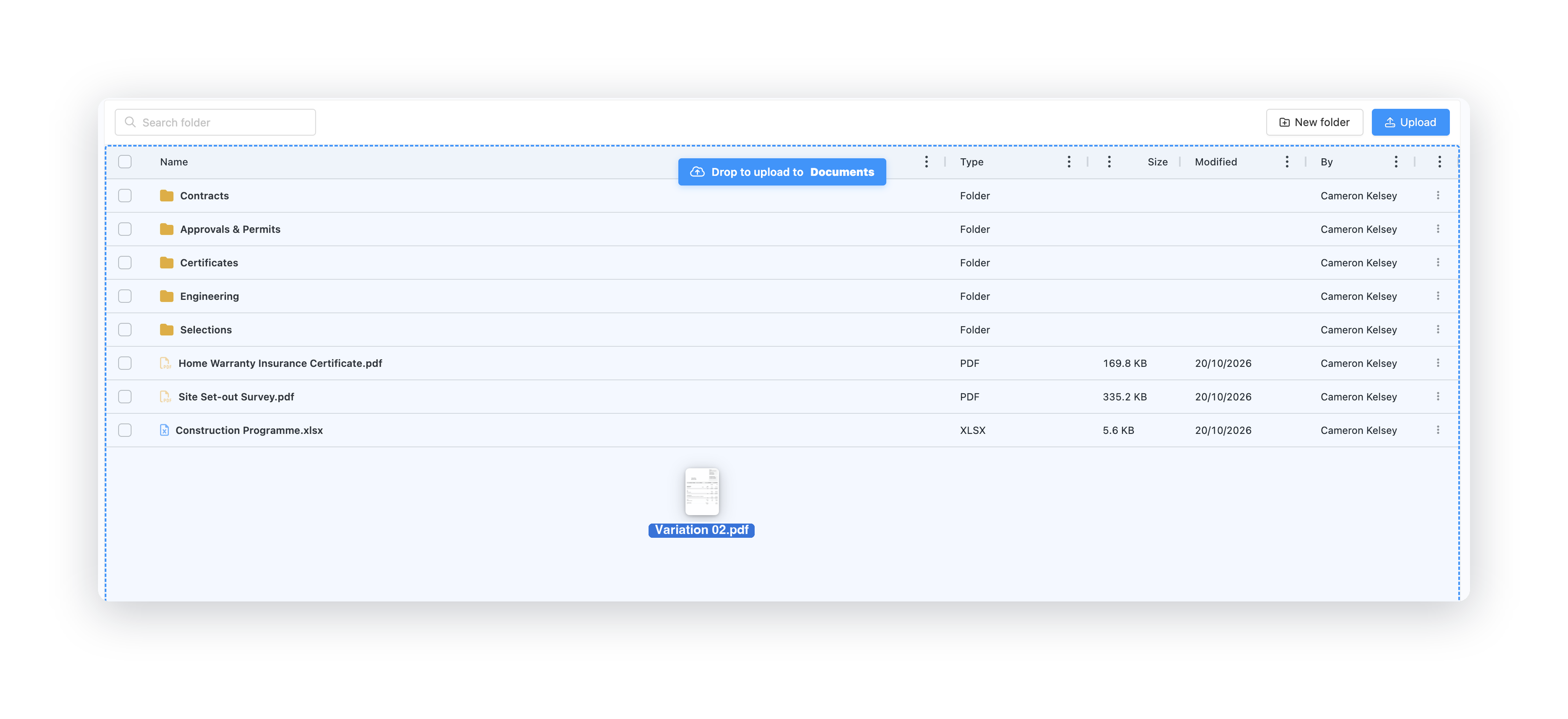 Core Estimator documents browser with folders and uploaded files