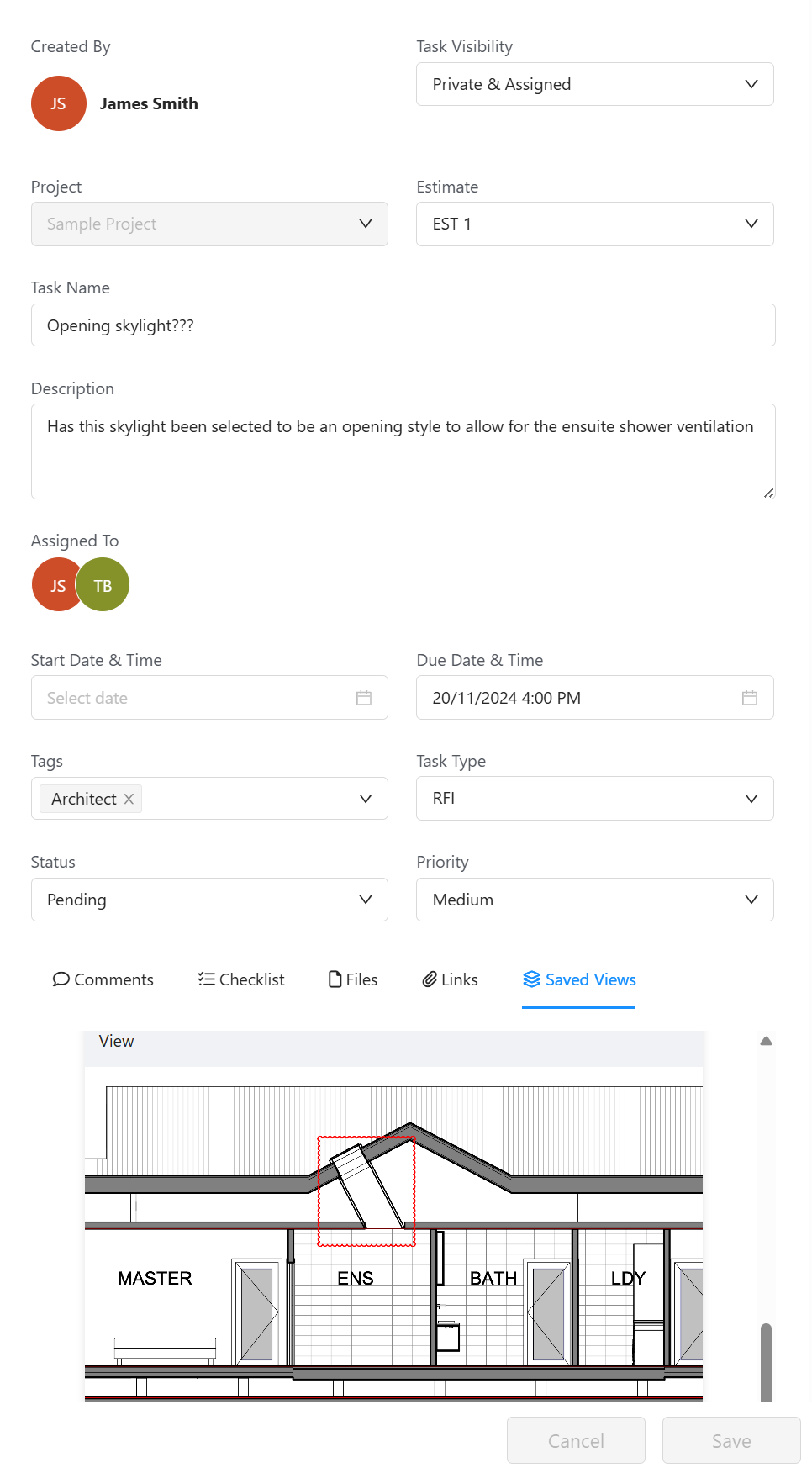 Core Estimator RFI management showing request tracking and responses