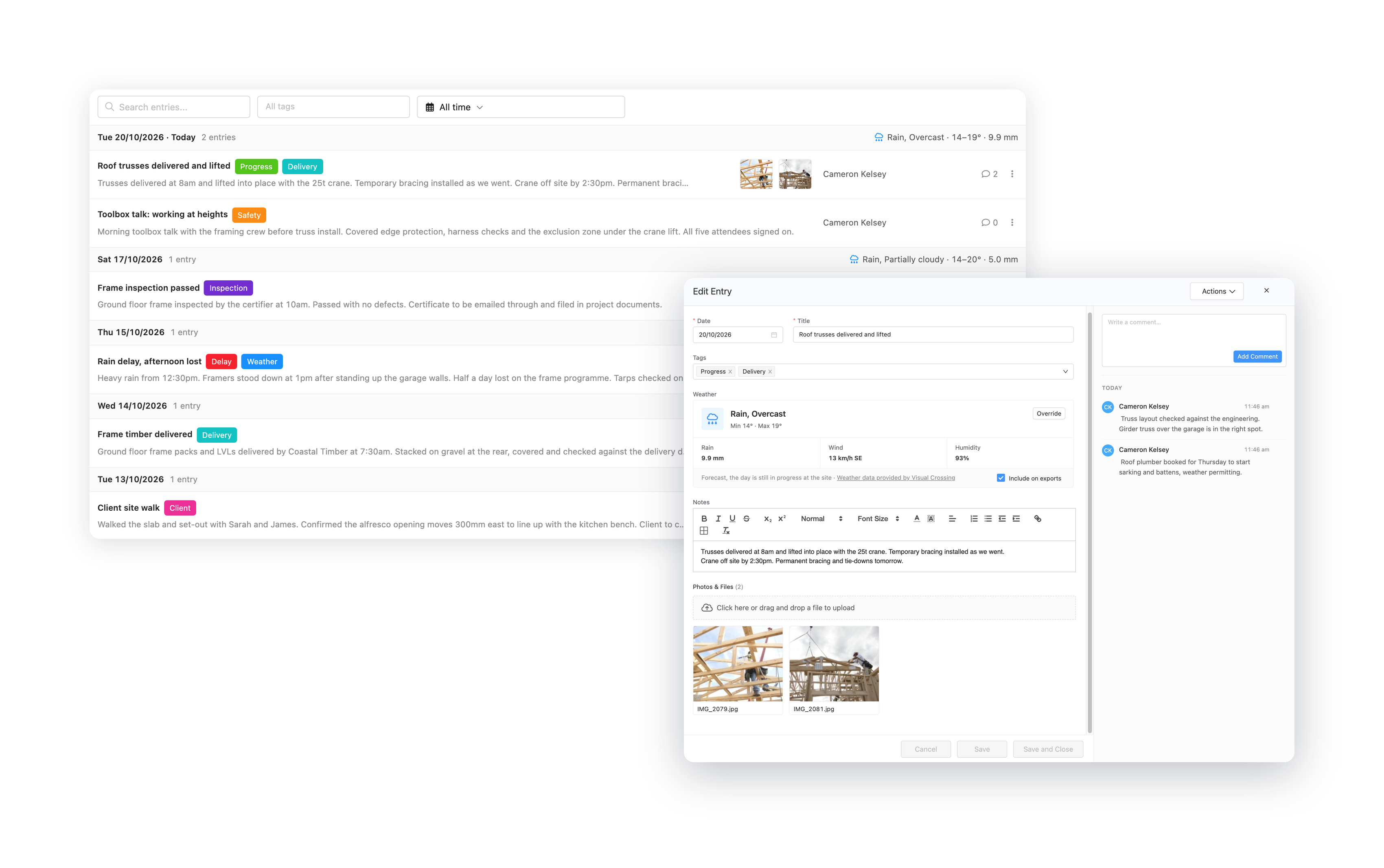 Core Estimator site diary showing entries grouped by day with photos and weather